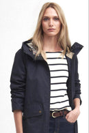Navy hooded jacket with button pockets and adjustable hood tabs