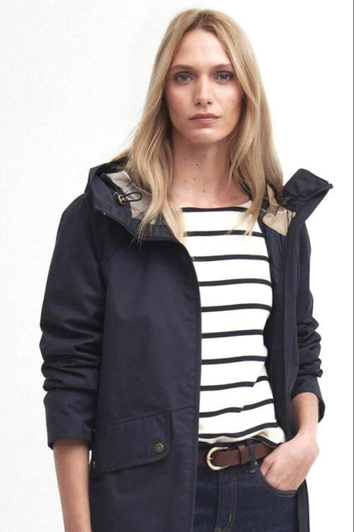 Navy hooded jacket with button pockets and adjustable hood tabs