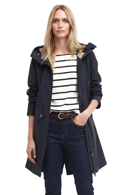 Navy hooded parka jacket with snap pockets and adjustable drawcord at hem