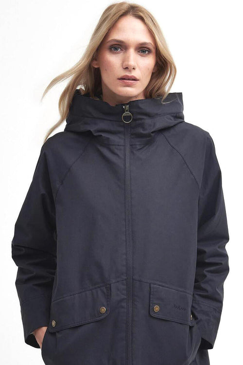 Navy waterproof parka jacket with full zip and two button chest pockets