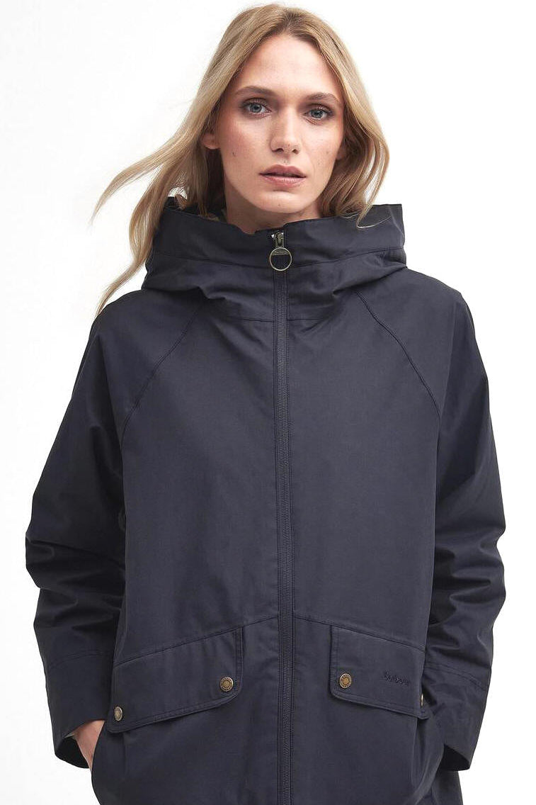 Navy waterproof parka jacket with full zip and two button chest pockets
