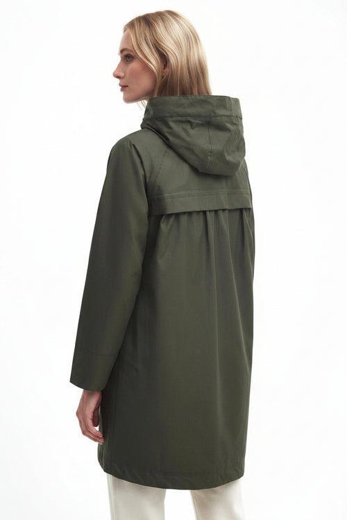 Olive waterproof hooded jacket with adjustable drawcord hem and back view
