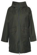 Dark olive waterproof hooded coat with full-zip front and two buttoned chest pockets