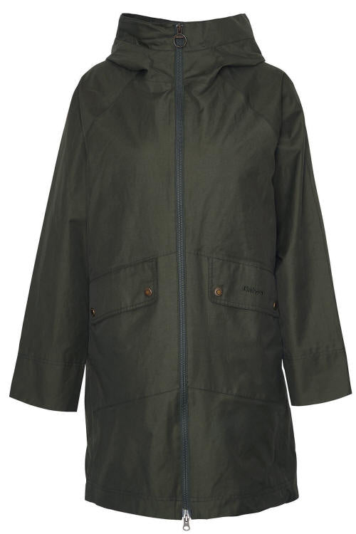 Dark olive waterproof hooded coat with full-zip front and two buttoned chest pockets