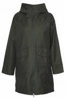 Dark olive waterproof hooded coat with full-zip front and two buttoned pockets