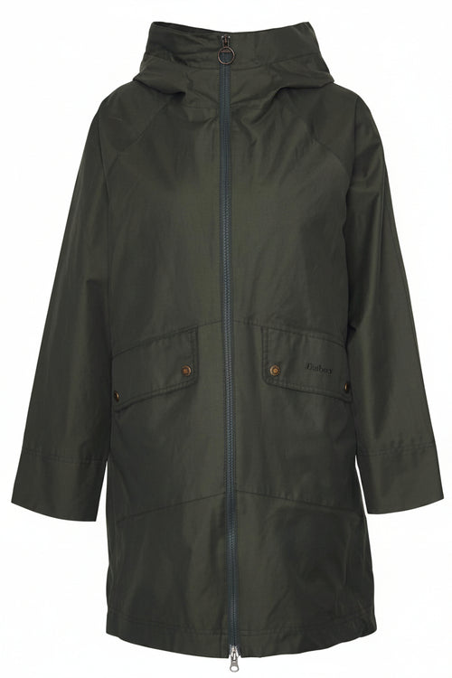 Dark olive waterproof hooded coat with full-zip front and two buttoned pockets