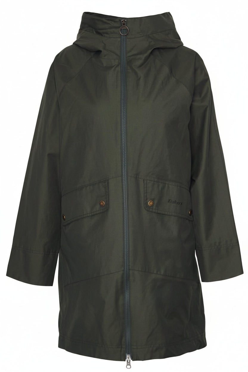 Dark olive waterproof hooded coat with full-zip front and two buttoned pockets