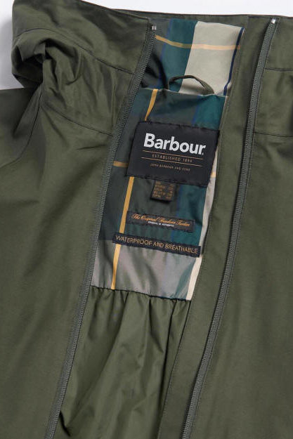 Waterproof jacket interior with Barbour label and blue lining visible