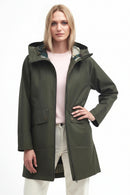 Olive waterproof hooded jacket on model with full-zip front and snap pockets