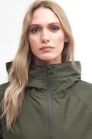 Olive hooded waterproof jacket neckline with circular ring zipper pull