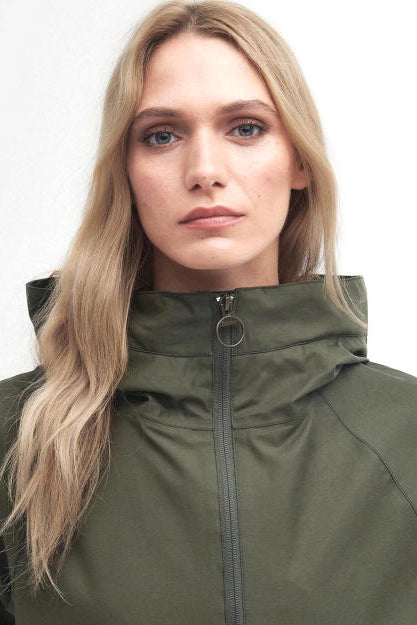 Olive hooded waterproof jacket neckline with circular ring zipper pull