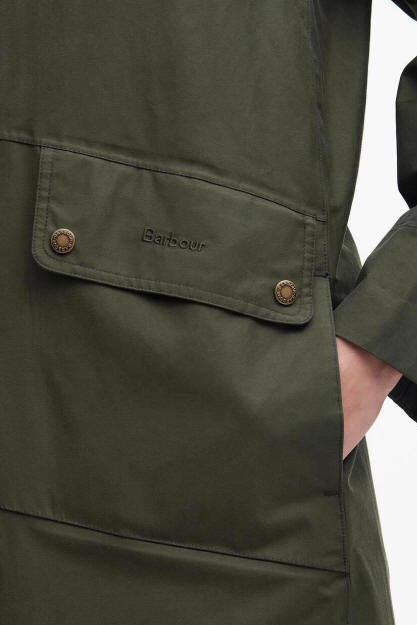 Olive waterproof jacket with two buttoned pockets and Barbour logo detail