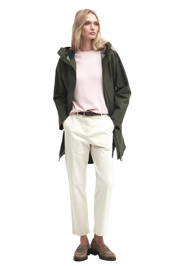 Olive waterproof hooded jacket worn by model with full-zip front and pockets
