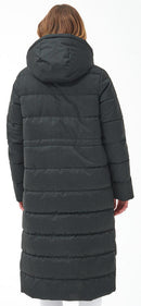 Long hooded quilted jacket from back with horizontal baffles, dark olive