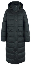 Front view of long hooded quilted jacket with button placket and curved pockets, dark