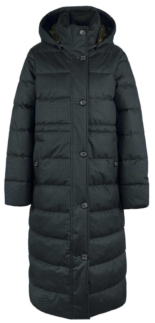 Front view of long hooded quilted jacket with button placket and curved pockets, dark