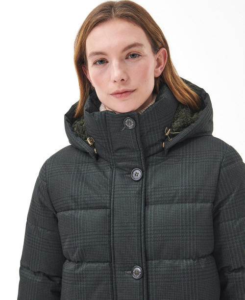 Hooded quilted jacket with button front, cord hood toggles, dark olive