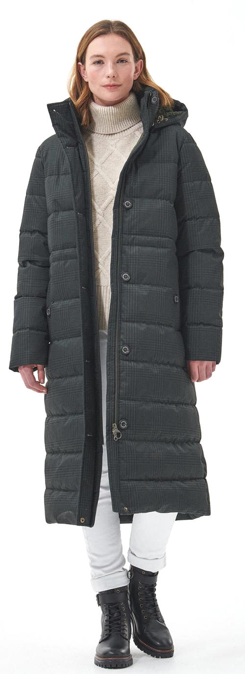 Long quilted hooded jacket with button front and stand collar, dark olive