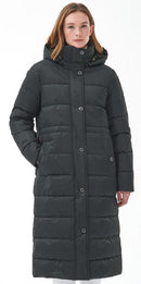 Hooded quilted jacket with button front and longline fit, dark olive