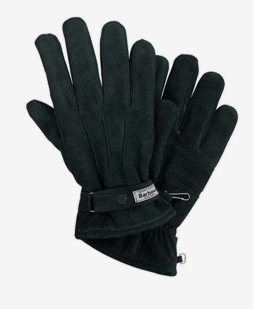 Dark leather gloves with Barbour label, cuff strap closure, five-finger design