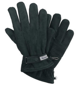 Dark leather gloves with Barbour cuff label and adjustable strap, palm-side view