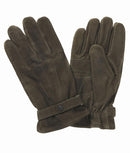 Pair of olive insulated leather gloves with buttoned cuff and finger stitching
