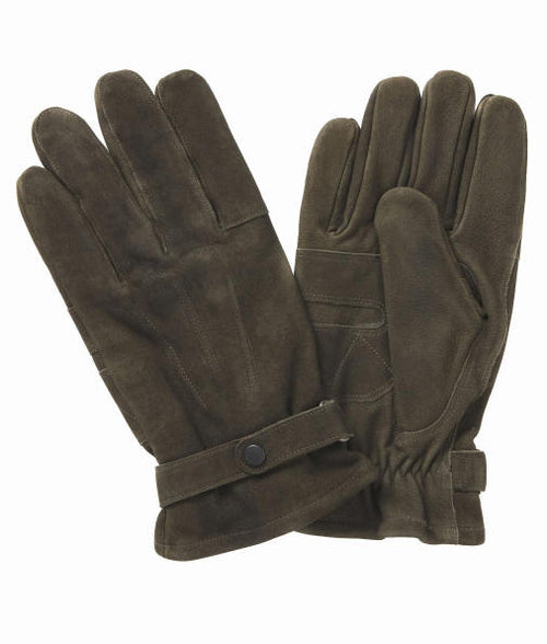Pair of olive insulated leather gloves with buttoned cuff and finger stitching