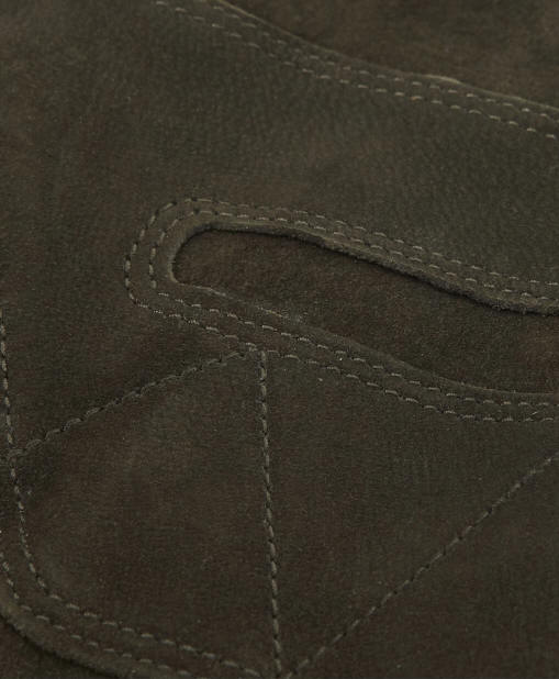 Olive leather glove panel with double-stitched seams and thumb section
