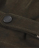 Olive leather glove strap with round snap button and stitched edge