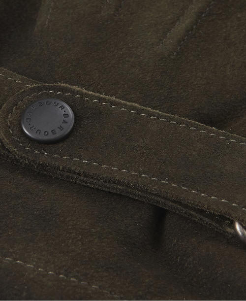 Olive leather glove strap with round snap button and stitched edge