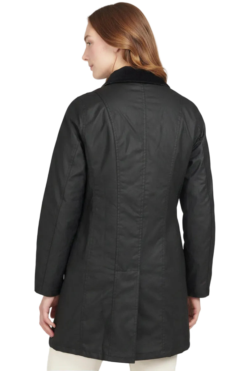 Barbour black waxed waterproof coat back view with yoke and stitched panel lines