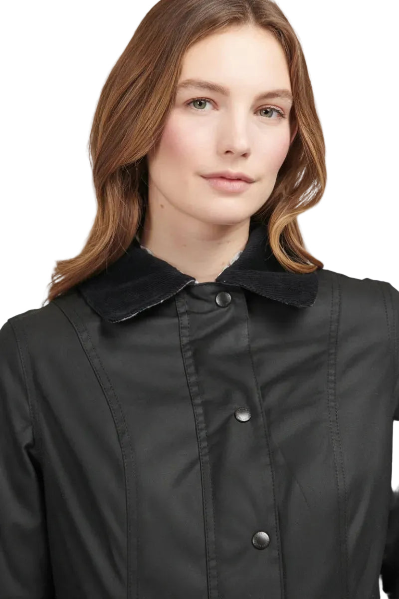 Barbour black waxed waterproof coat with stand collar and front buttons