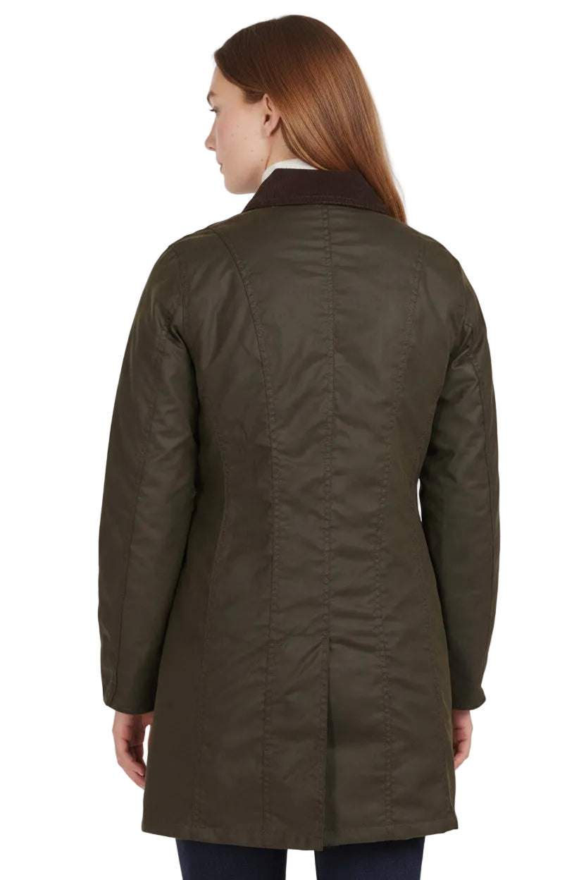 Olive waxed waterproof coat back view with stitched paneling