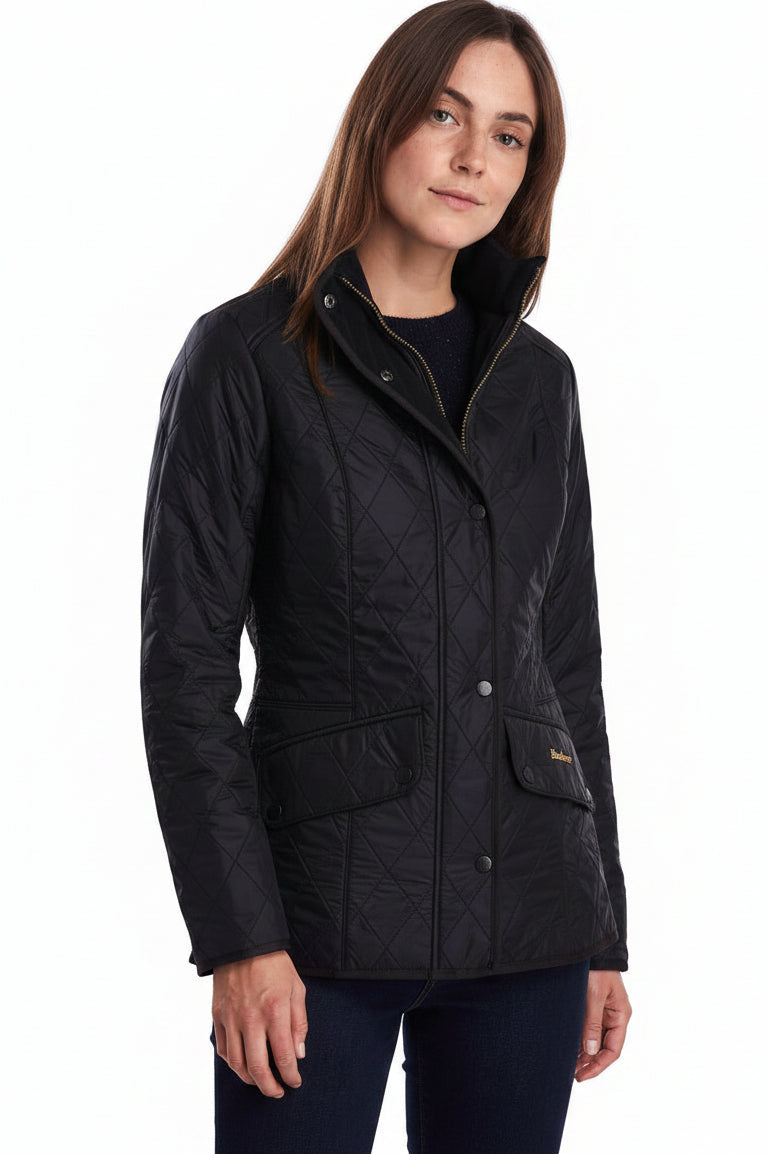 Black quilted ladies jacket with stand collar, button front, and chest pocket