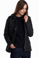 Black quilted jacket with stand collar, button front, and two side pockets