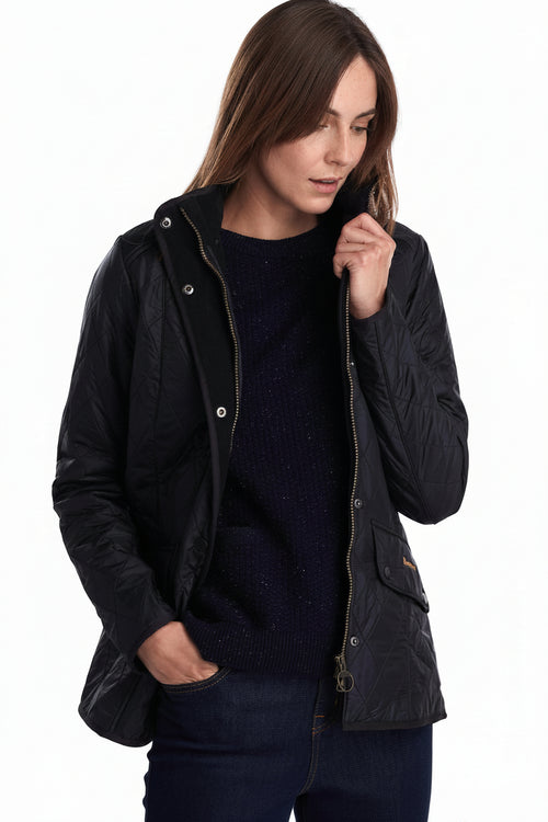 Black quilted jacket with stand collar, button front, and two side pockets