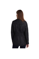 Black quilted jacket back view with stand collar and center seam