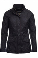 Black quilted ladies jacket with button front, stand collar, and Barbour logo patch