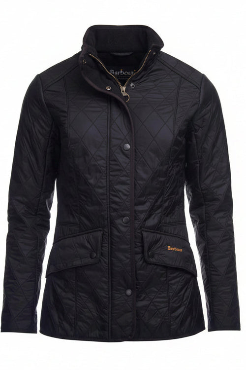 Black quilted ladies jacket with button front, stand collar, and Barbour logo patch