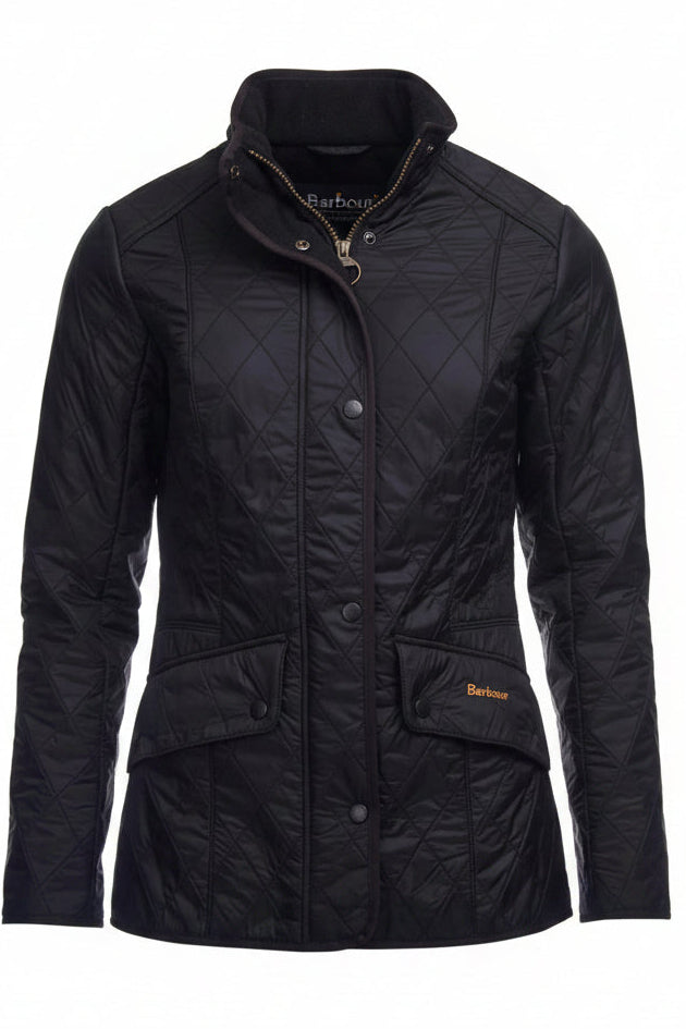 Black quilted ladies jacket with button front, stand collar, and Barbour logo patch