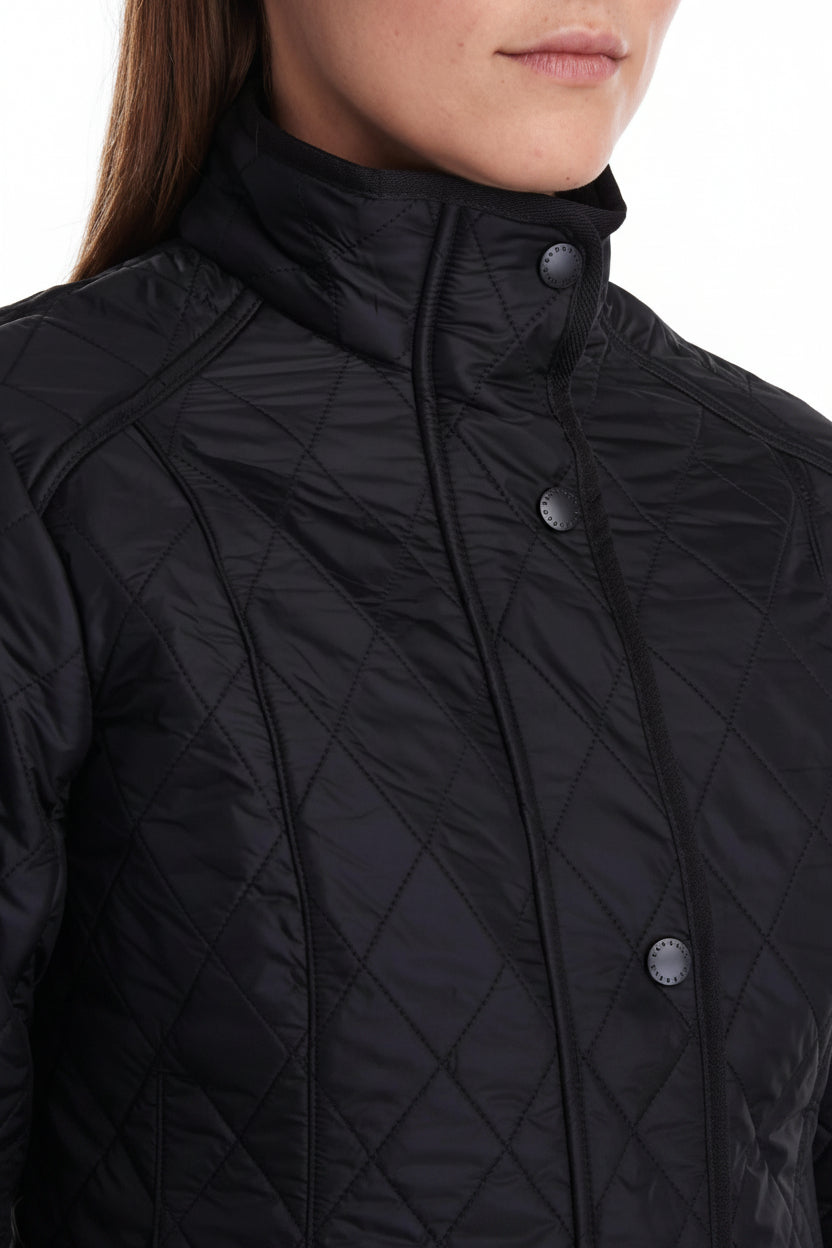 Black ladies polarquilt jacket with high collar, quilted pattern, and button placket