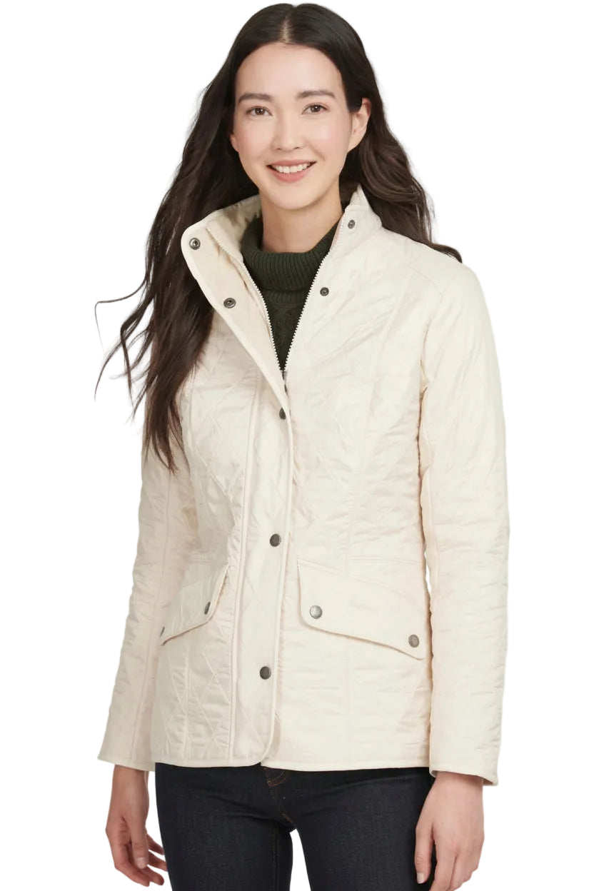 Women's Barbour polarquilt jacket, pale cream snap front with stand collar