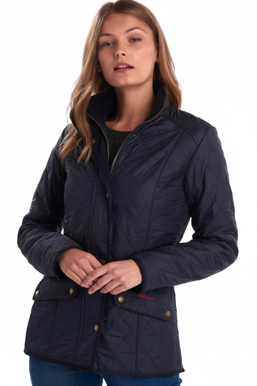 Navy quilted ladies jacket with zip front, stand collar, and gold-button cuffs