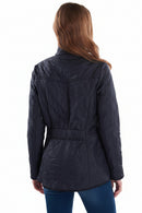 Navy quilted ladies jacket with back yoke seam and straight hem