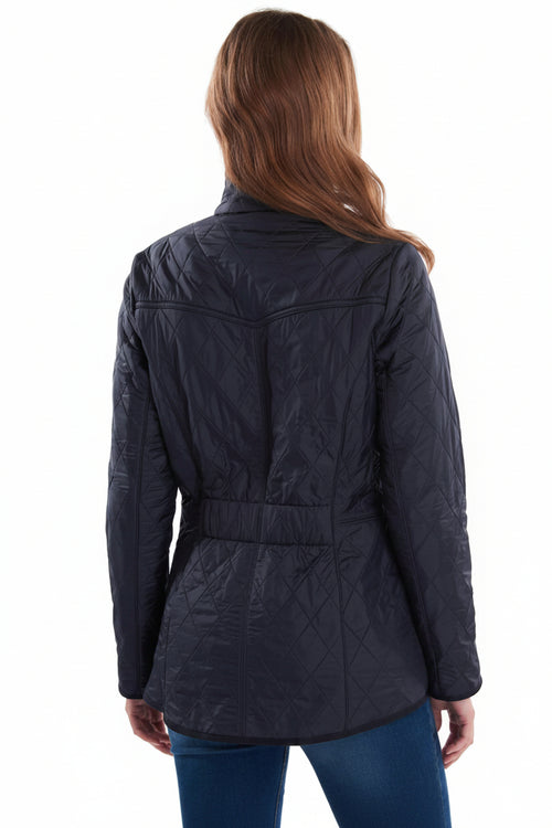 Navy quilted ladies jacket with back yoke seam and straight hem
