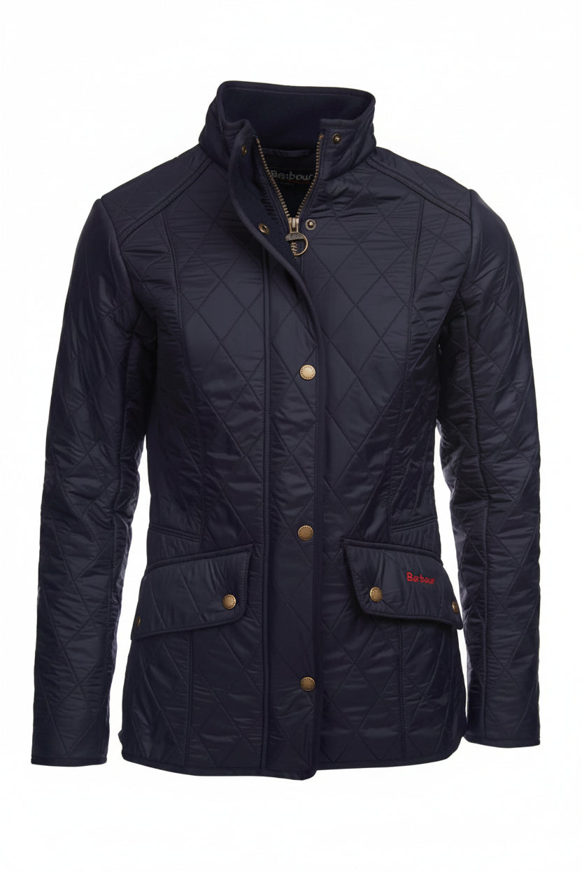 Navy quilted jacket with stand collar, button front, and Barbour chest pocket