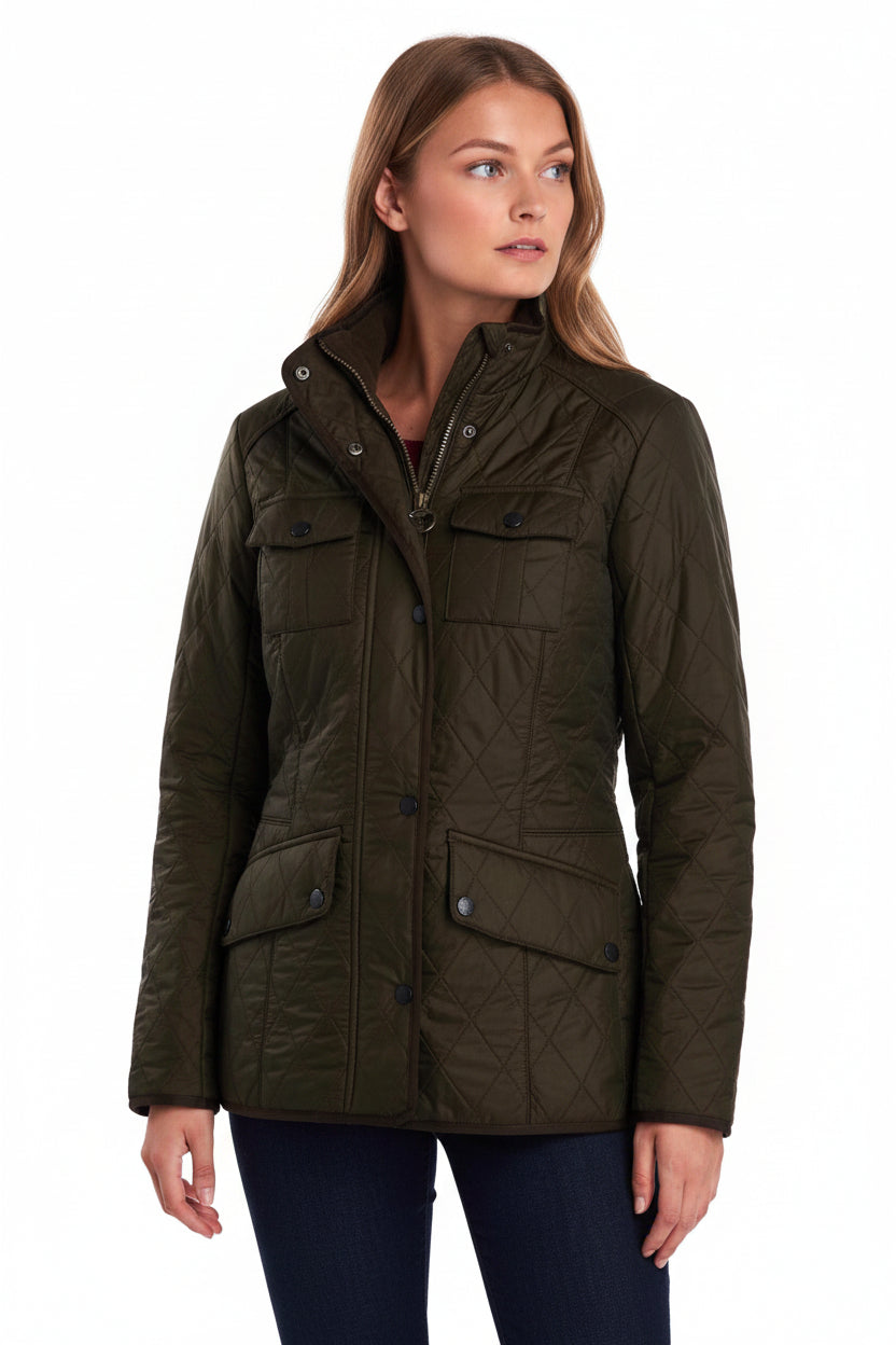 Olive quilted jacket with snap flap pockets and stand collar, women’s parka style.