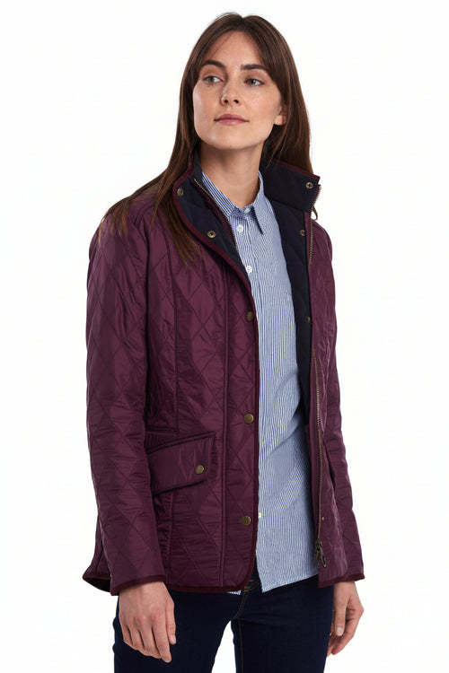 Women's dark purple quilted jacket, stand collar, flap pockets, snap button placket