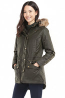 Olive wax parka with faux-fur hood trim, snap front and side pockets