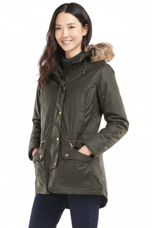 Olive wax parka with faux-fur hood trim, snap front and side pockets